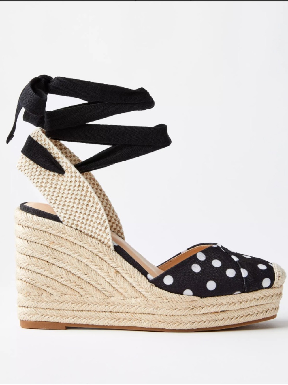 LOFT Black and White Polka Dot Espadrille Wedge Sandals with Ankle Wrap